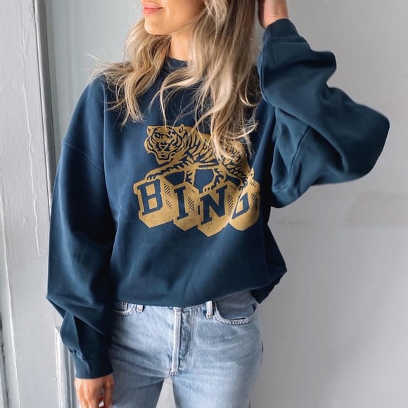 Harvey Crew Retro Tiger Sweatshirt in Washed Faded Navy Blue - Picture 1 of 7